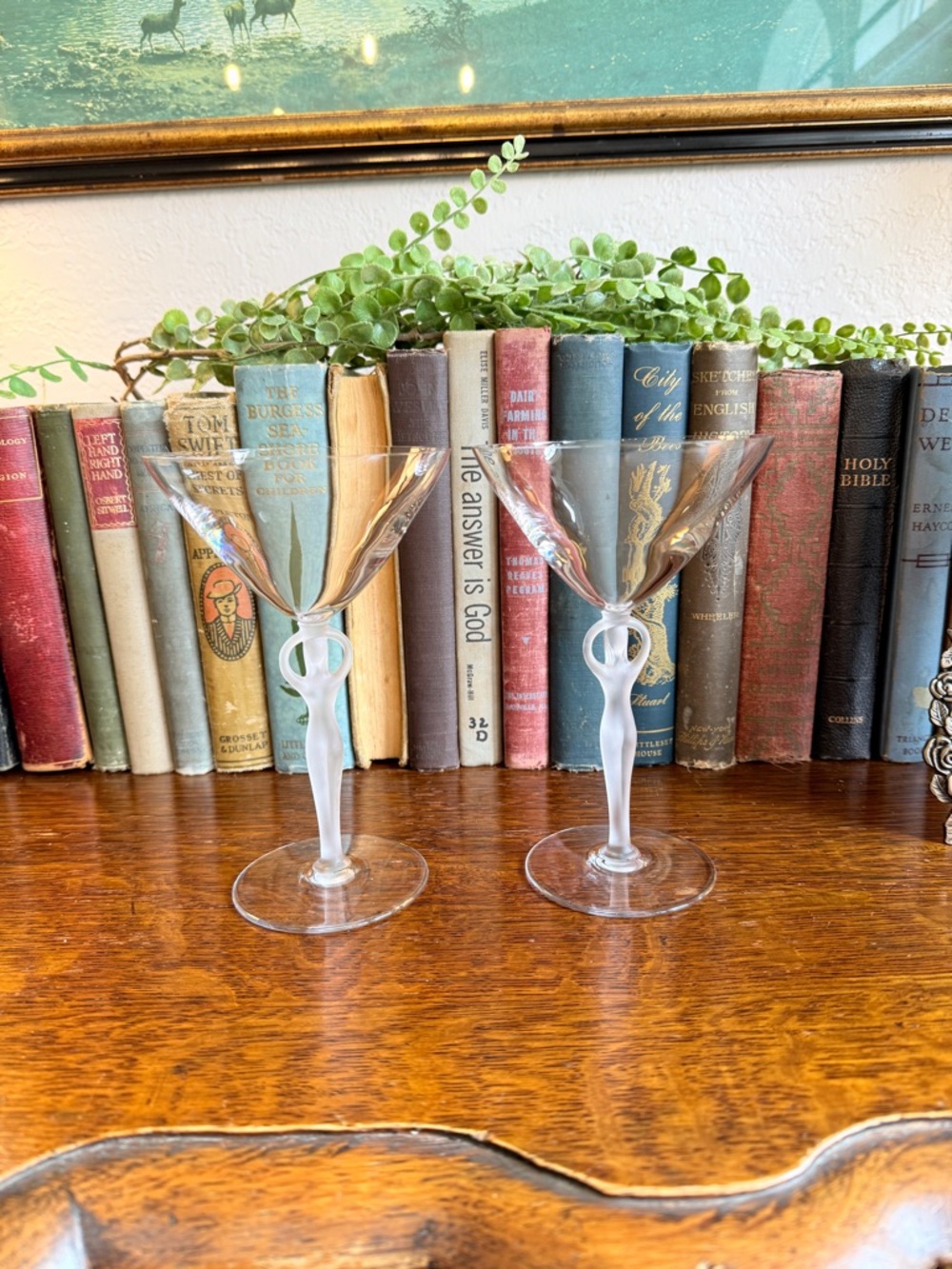 Vintage French Bayrel Crystal Martini Coupes with Frosted Nude Stem- Pair - Picture 11 of 16